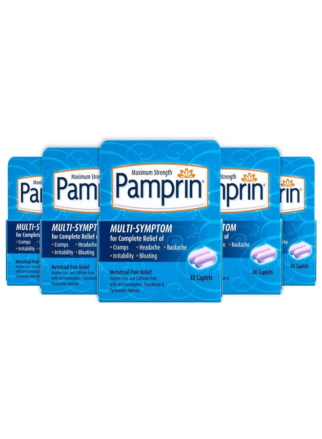 Pamprin Multi-Symptom Formula, with Acetaminophen, Menstrual Period Symptoms Relief including Cramps, Pain, Irritability and Bloating, 40 Caplets (Pack of 5) - Image 1